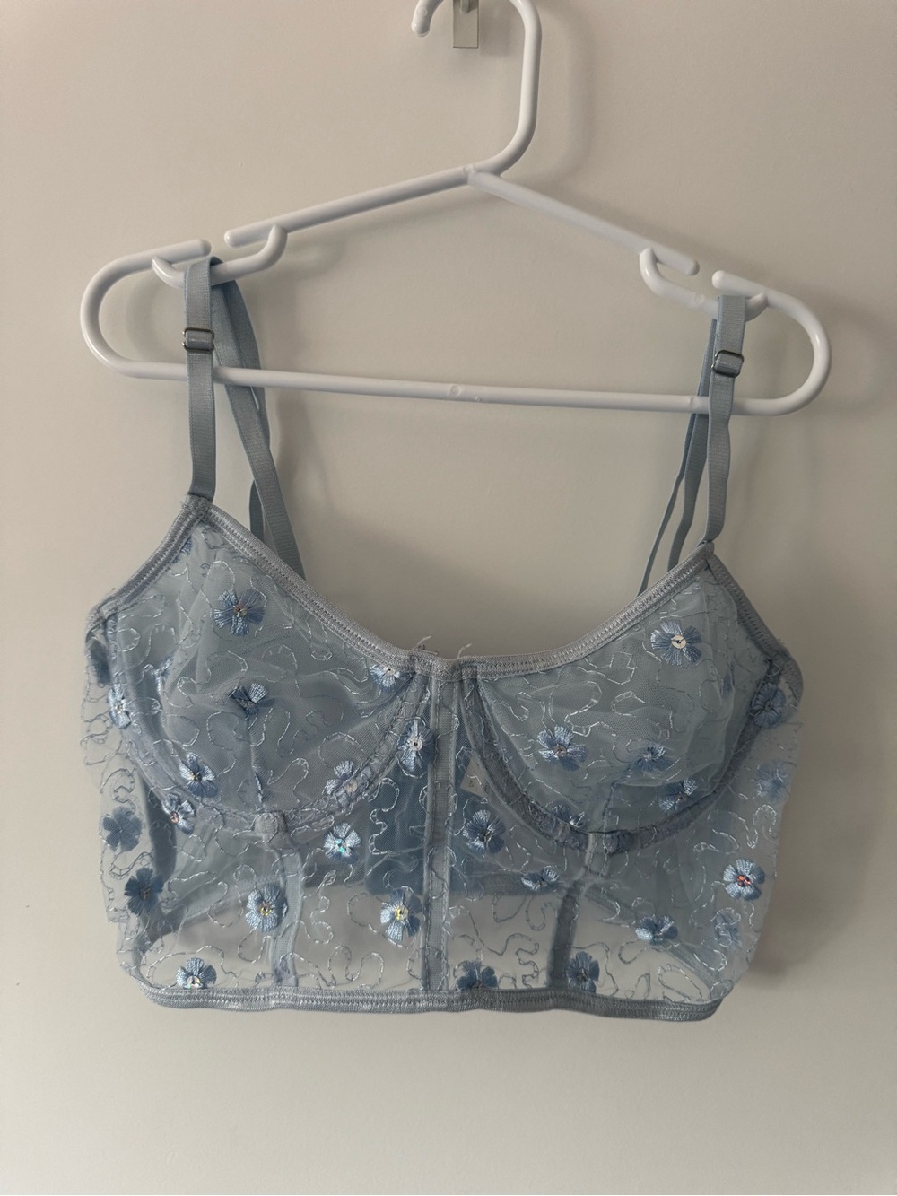 Light Blue Floral Embroidered Sheer Corset Bra Size Small